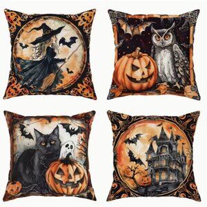 4pcs Halloween Haunted House, Owl, Witch, Black Cat, Velvet Throw Pillow Covers